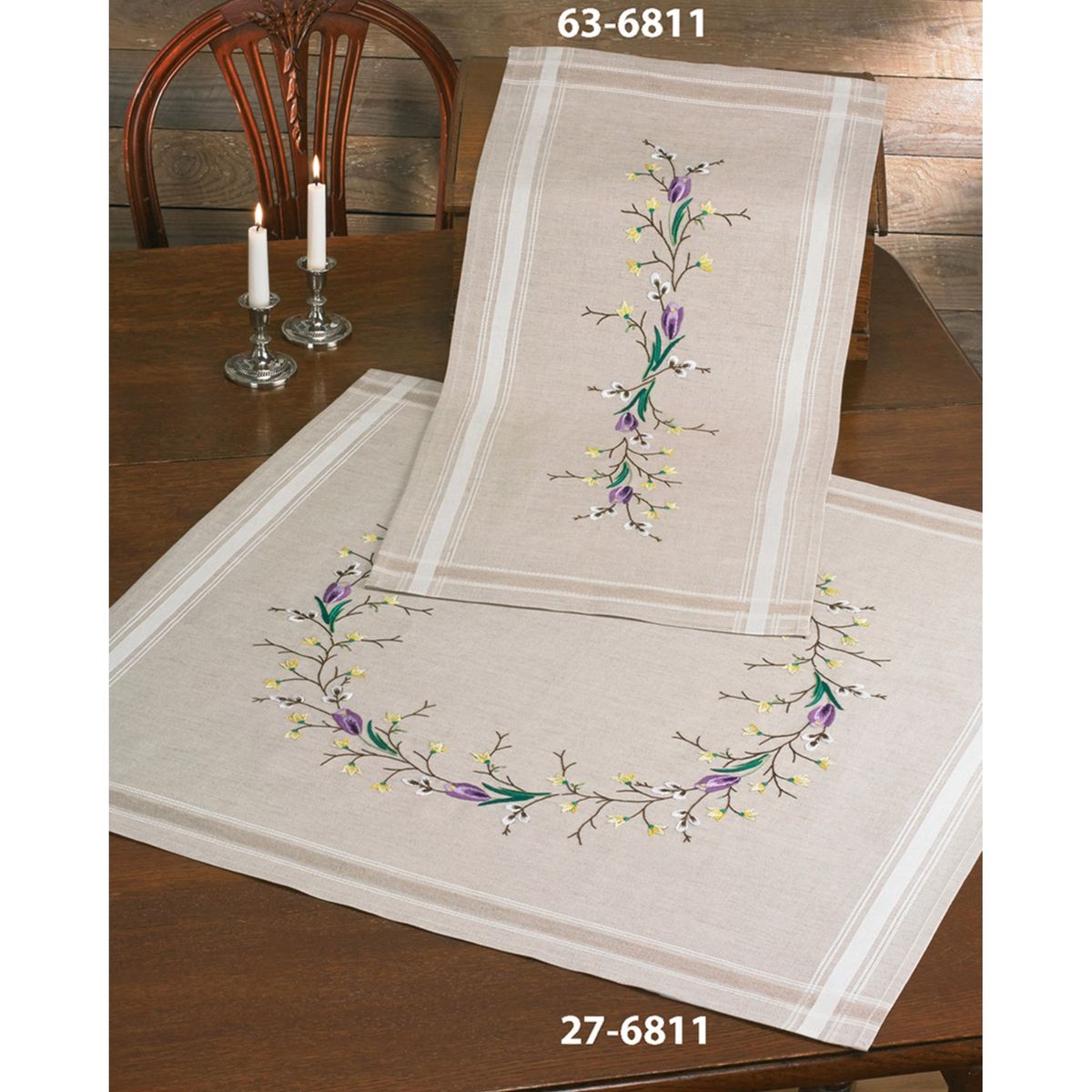 Påtegnet duk vårbukett - plattsøm 80x80 cm - broderipakke 